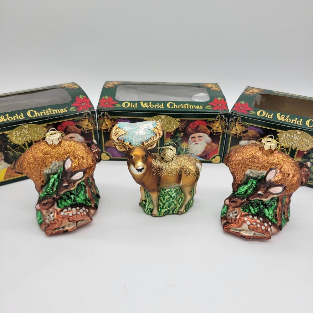 Old World Christmas Glass Ornaments Deer Buck and Doe with Fawn Set of 3 2010